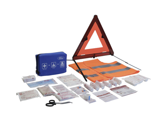 Original Ford Botiquín de primeros auxilios con triángulo de emergencia y chaleco de emergencia.