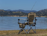 ARB* Silla de camping con bolsa con correa de hombro negra y beige.