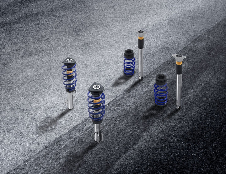Original Ford Focus® Kit de suspensión coilover acero inoxidable con muelles con revestimiento de polvo en color azul ultramarino.