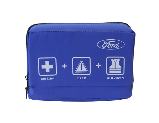 Original Ford Botiquín de primeros auxilios con triángulo de emergencia y chaleco de emergencia.