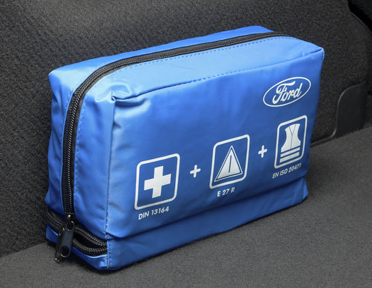 Original Ford Botiquín de primeros auxilios con triángulo de emergencia y chaleco de emergencia.