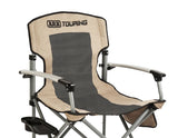 ARB* Silla de camping con bolsa con correa de hombro negra y beige.