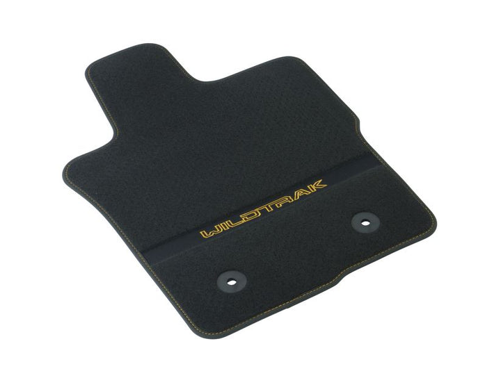 Kit de alfombrillas de moqueta delanteras y traseras Ranger Wildtrak automática 2022+ negro con logo amarillo