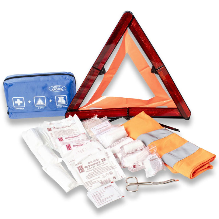 Original Ford Botiquín de primeros auxilios con triángulo de emergencia y chaleco de emergencia.