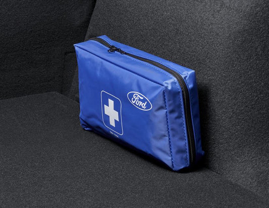 Original Ford Botiquín de primeros auxilios con bolsa de tela en color azul.