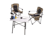 ARB* Silla de camping con bolsa con correa de hombro negra y beige.