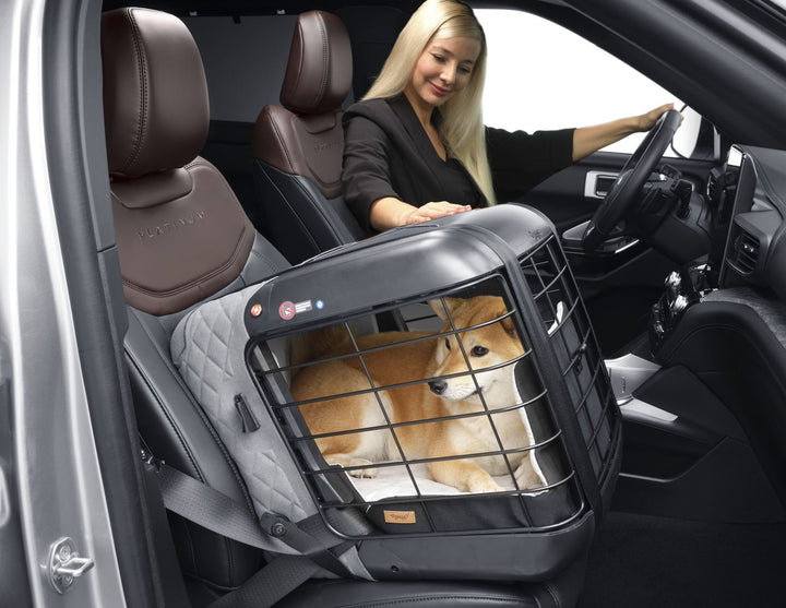 4pets®* Jaula de transporte Caree para perros y gatos, se fija de forma segura al asiento de cualquier pasajero, en color gris frío.