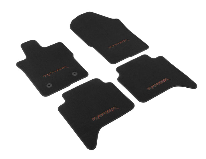 Kit de alfombrillas de moqueta delanteras y traseras Ranger Raptor 2022+ negras con logo rojo