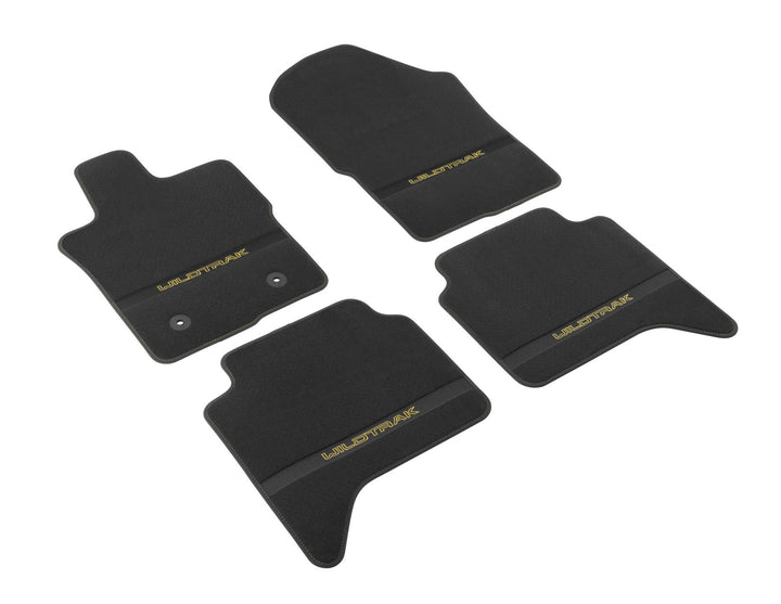 Kit de alfombrillas de moqueta delanteras y traseras Ranger Wildtrak automática 2022+ negro con logo amarillo