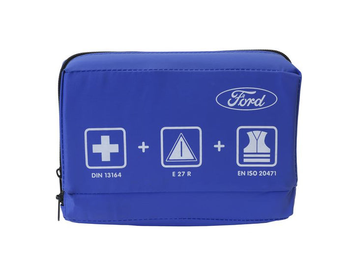 Original Ford Botiquín de primeros auxilios con triángulo de emergencia y chaleco de emergencia.