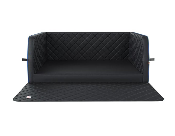 padsforall®* Alfombra de viaje para mascotas de cuero PU en color negro con ribete azul, tamaño: L.