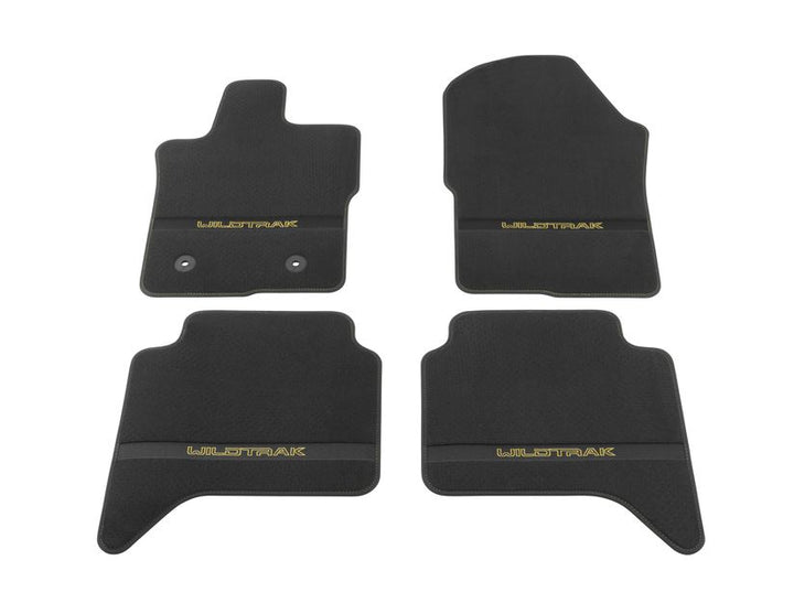 Kit de alfombrillas de moqueta delanteras y traseras Ranger Wildtrak automática 2022+ negro con logo amarillo