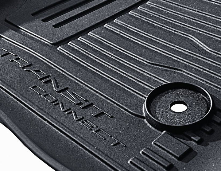 Transit Connect Alfombrillas de goma delanteras, en color negro, estilo bandeja con bordes elevados.