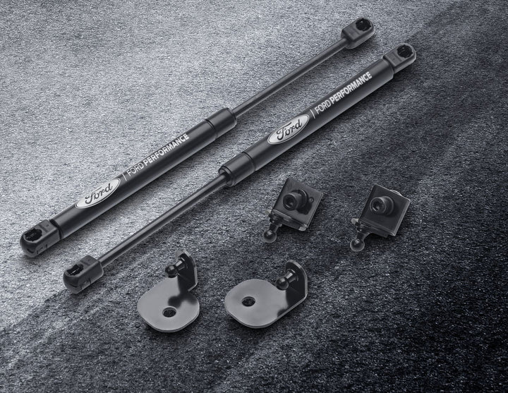 Kit elevadores capó negro con logo grabado Mustang 2015–2024 Ford Performance