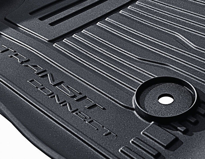 Transit Connect Alfombrillas de goma delanteras, en color negro, estilo bandeja con bordes elevados.
