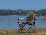 ARB* Silla de camping con bolsa con correa de hombro negra y beige.