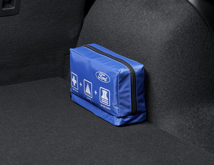 Original Ford Botiquín de primeros auxilios con triángulo de emergencia y chaleco de emergencia.