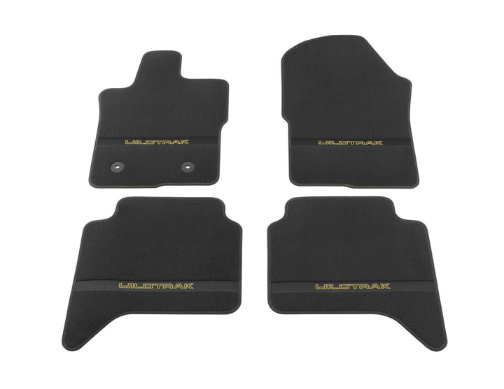 Kit de alfombrillas de moqueta delanteras y traseras Ranger Wildtrak automática 2022+ negro con logo amarillo