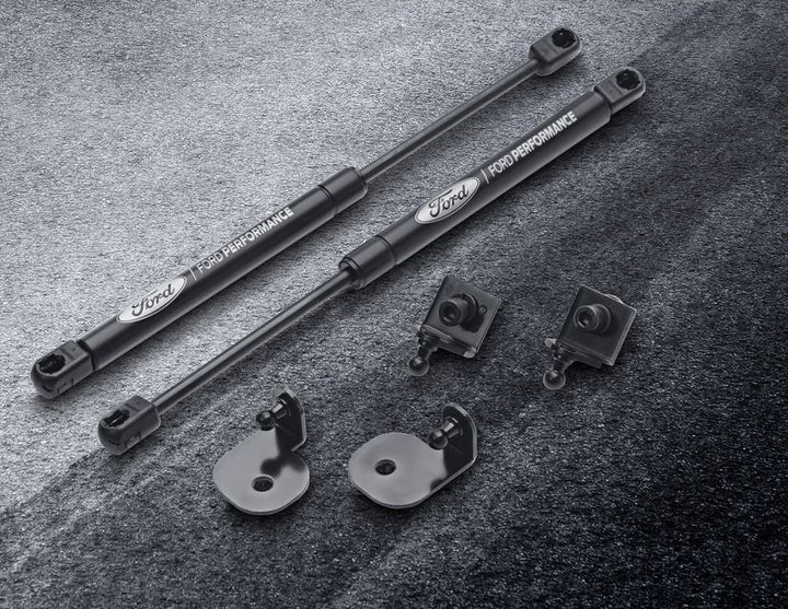 Kit elevadores capó negro con logo grabado Mustang 2015–2024 Ford Performance