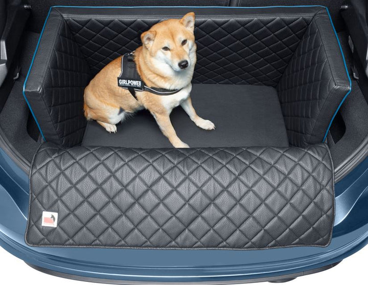 padsforall®* Alfombra de viaje para mascotas de cuero PU en color negro con ribete azul, tamaño: S.