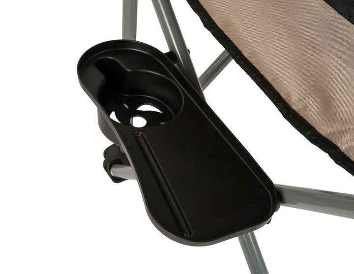 ARB* Silla de camping con bolsa con correa de hombro negra y beige.